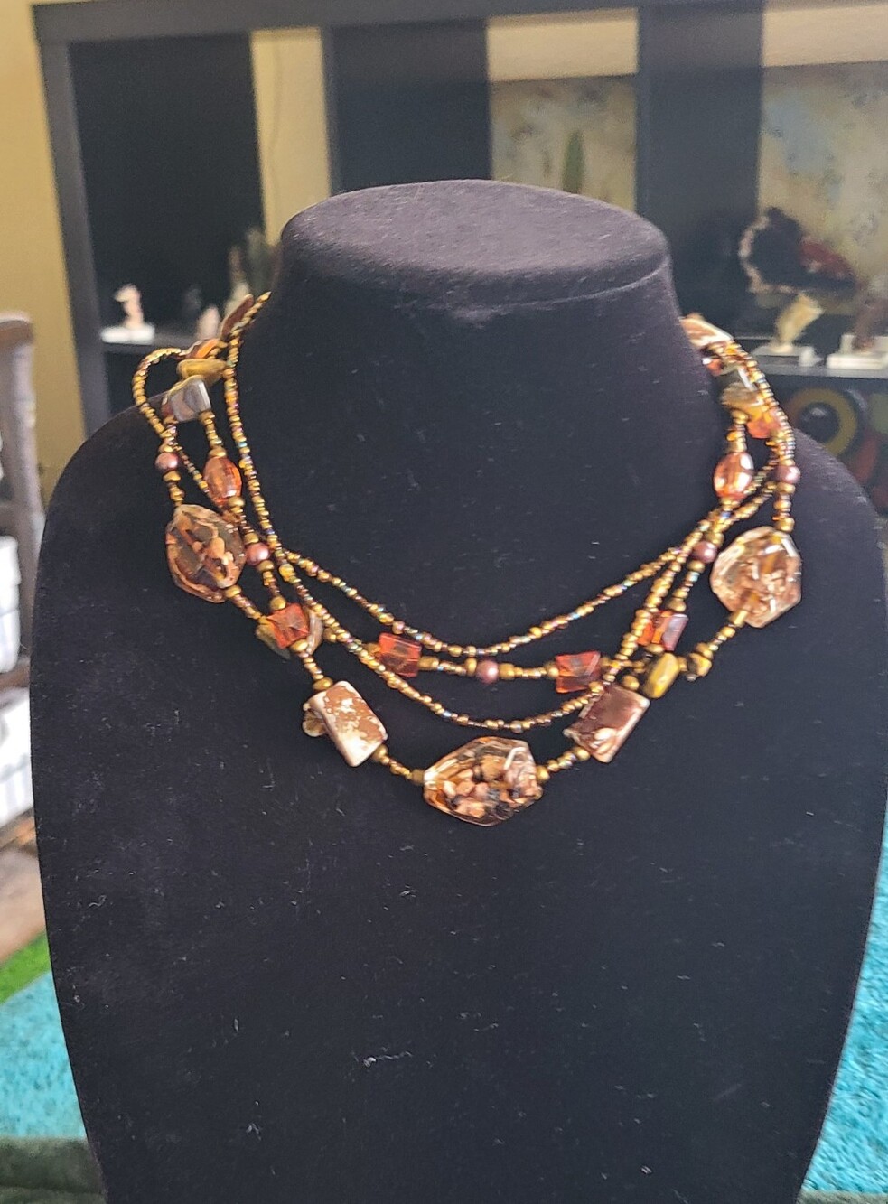 Vintage Handcrafted Multistrand Brown & Gold Beaded Necklace